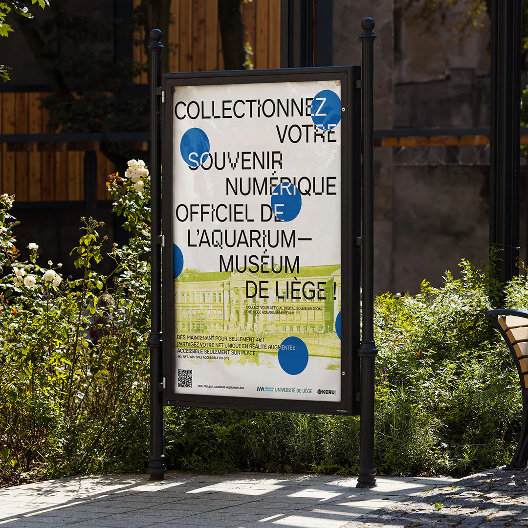 KERU promotional poster for digital collectibles displayed at the Aquarium-Muséum de Liège