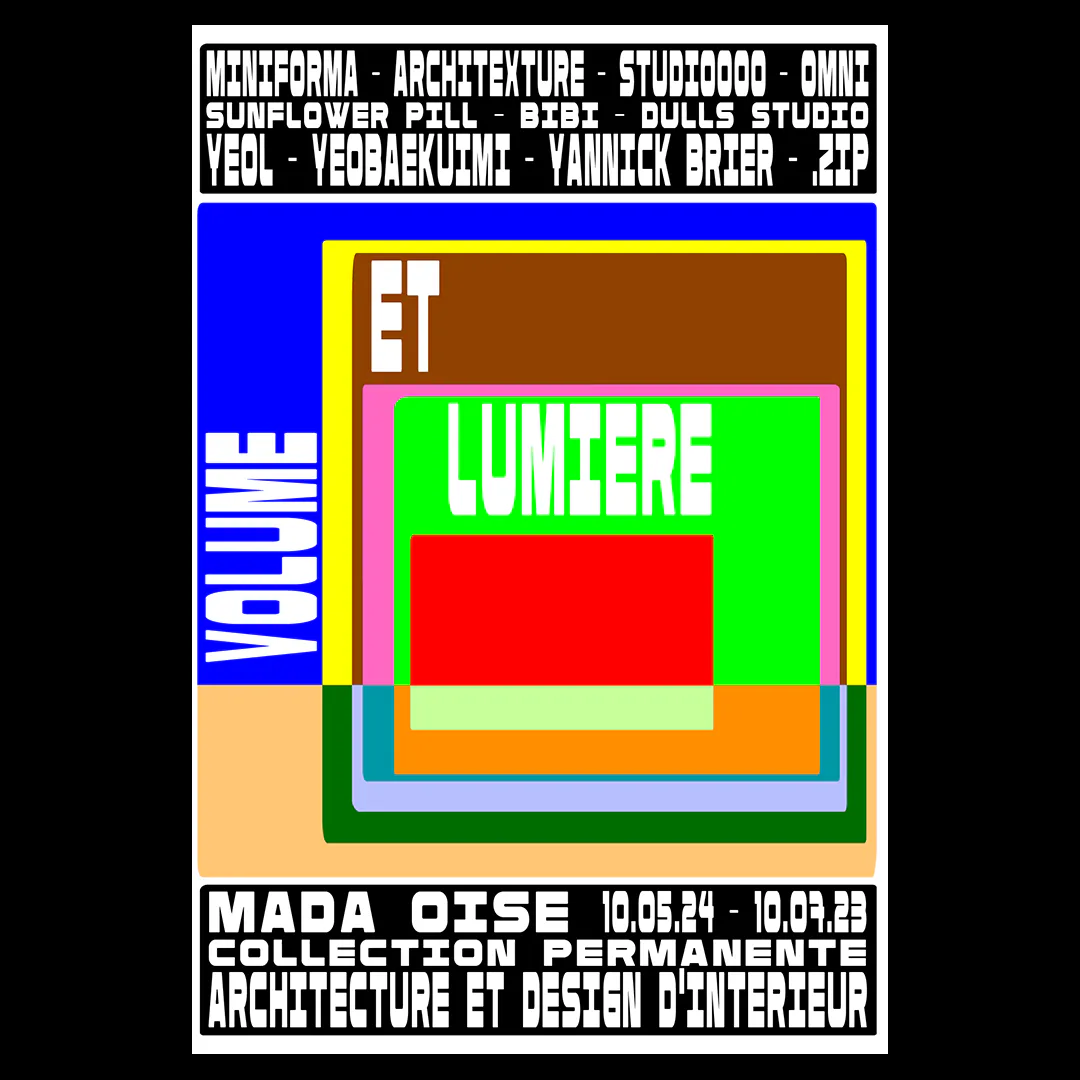 Volume et Lumière exhibition poster for MADA Oise featuring colorful layered geometric forms